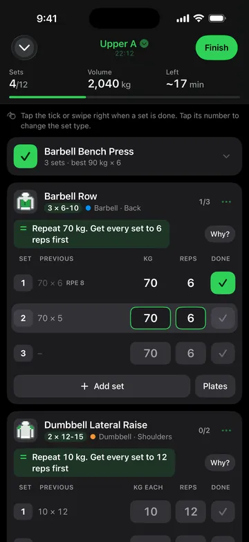 Platesmith workout logger part way through a session: ticked sets, last time's numbers and a progression tip