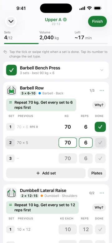 Platesmith workout logger part way through a session: ticked sets, last time's numbers and a progression tip