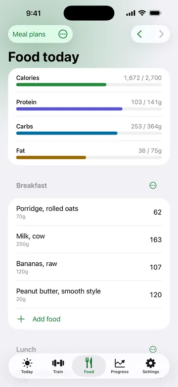 Platesmith food screen: calories, protein, carbs and fat against the day's targets, with breakfast logged