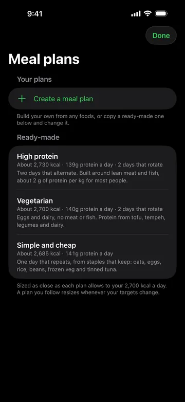 Platesmith meal plans: ready-made plans sized to your calories, such as high protein, vegetarian and simple and cheap