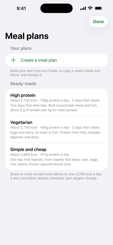 Platesmith meal plans: ready-made plans sized to your calories, such as high protein, vegetarian and simple and cheap